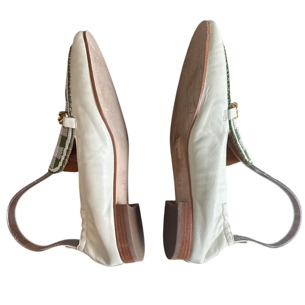 Tory Burch Mini Benton Gingham Chain Charm Loafers Ivory Green Size 8